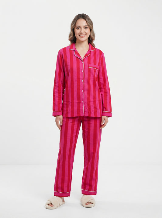 Women’s Pink Red Striped Cotton Night Suit Set – Elegant Two Piece Pajama Set