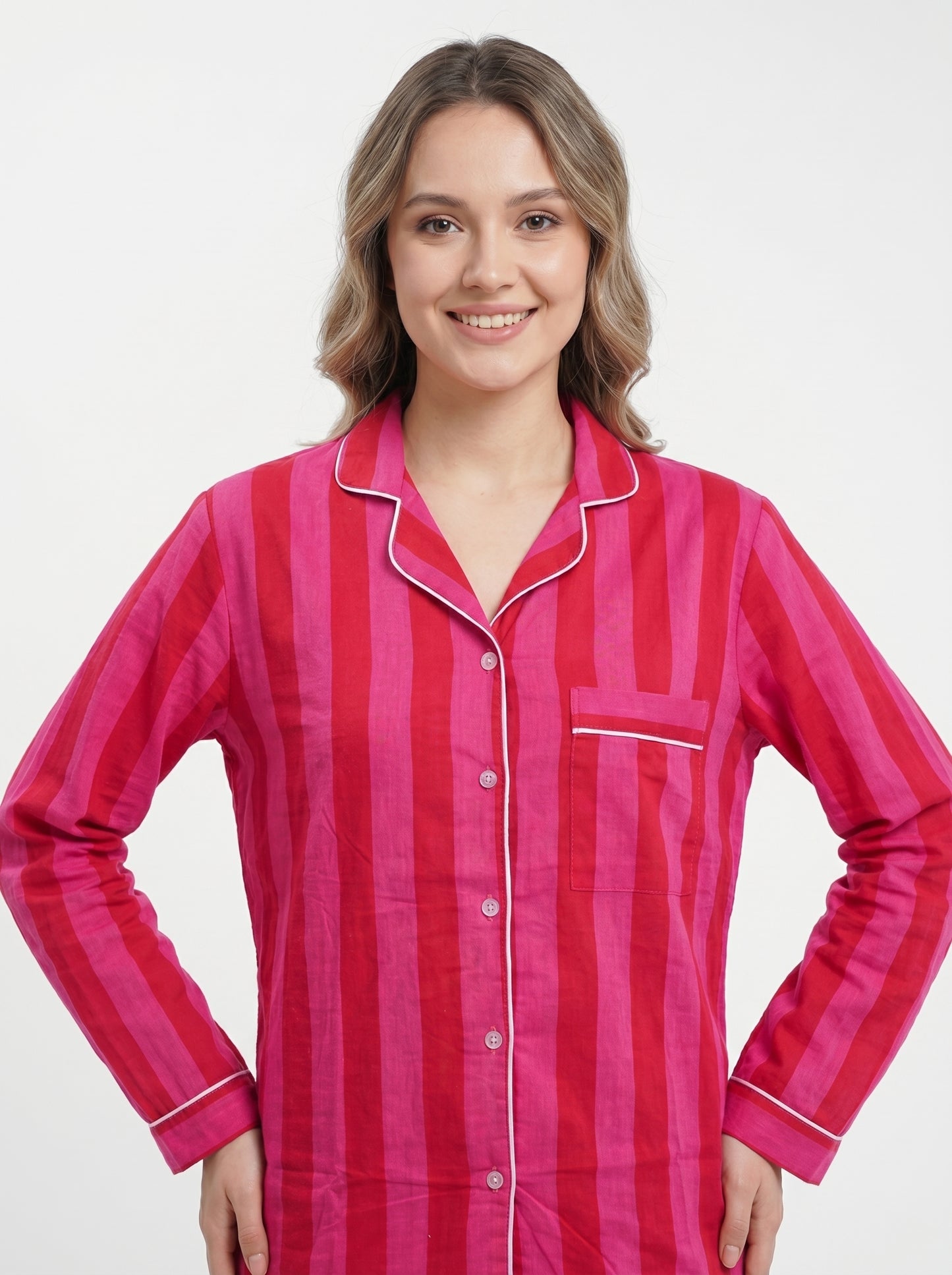 Women’s Pink Red Striped Cotton Night Suit Set – Elegant Two Piece Pajama Set