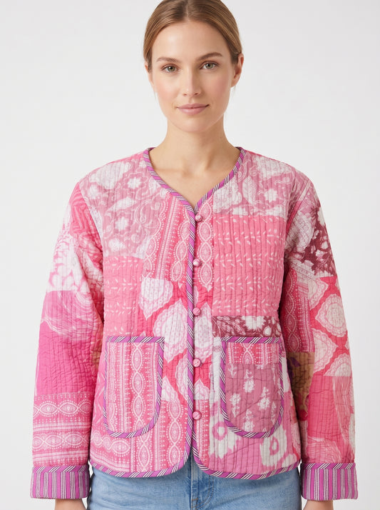 Rosé Pink Delight – Patchwork Cotton Quilted Reversible Jacket