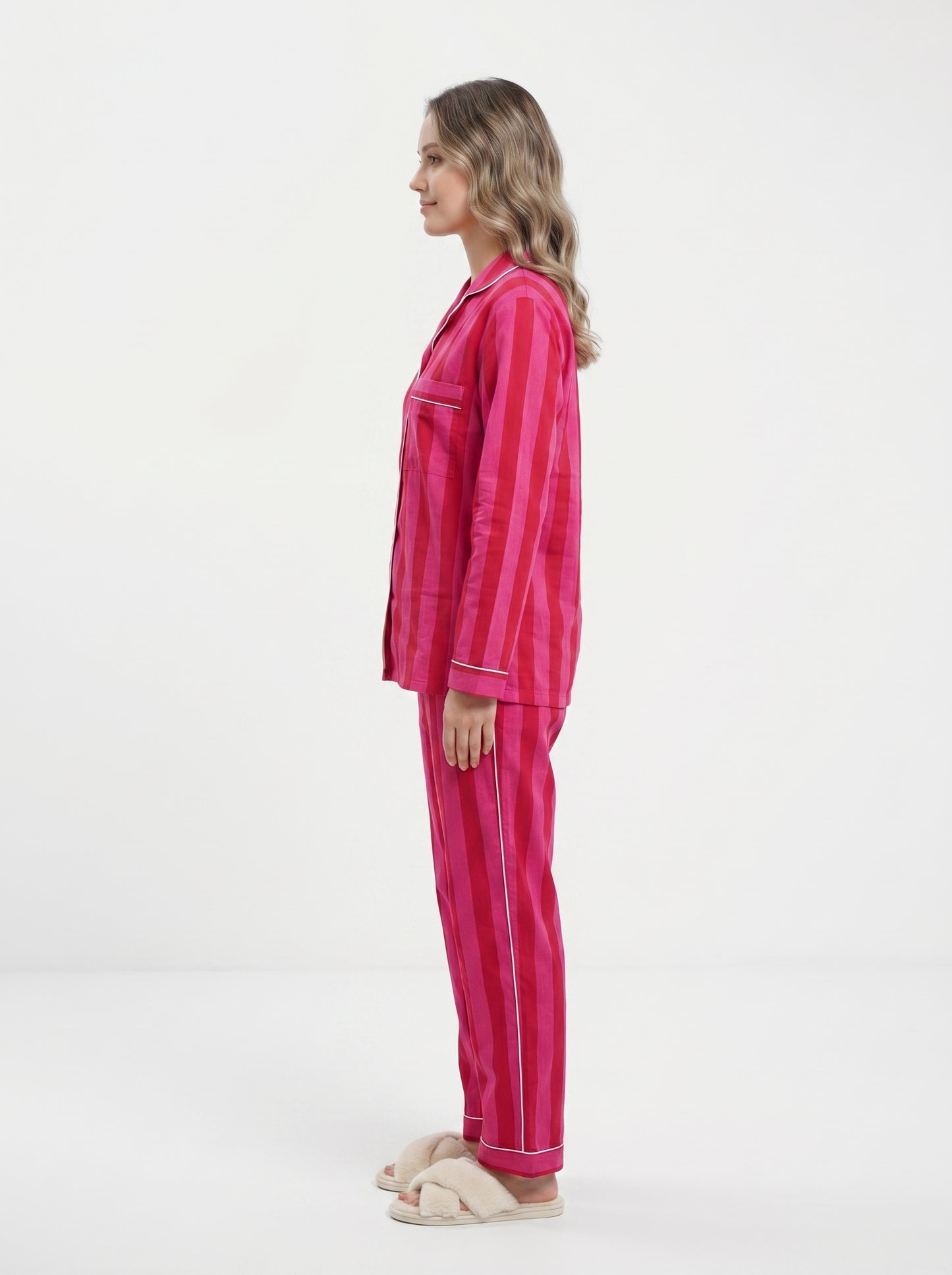 Women’s Pink Red Striped Cotton Night Suit Set – Elegant Two Piece Pajama Set