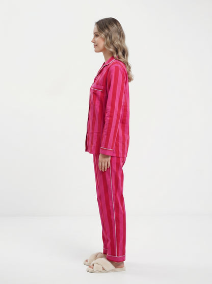Women’s Pink Red Striped Cotton Night Suit Set – Elegant Two Piece Pajama Set