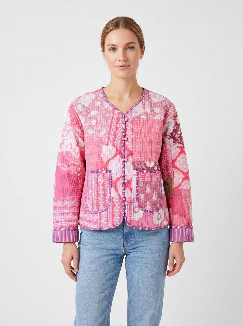 Rosé Pink Delight Patchwork Cotton Quilted Reversible Jacket by House of Arya