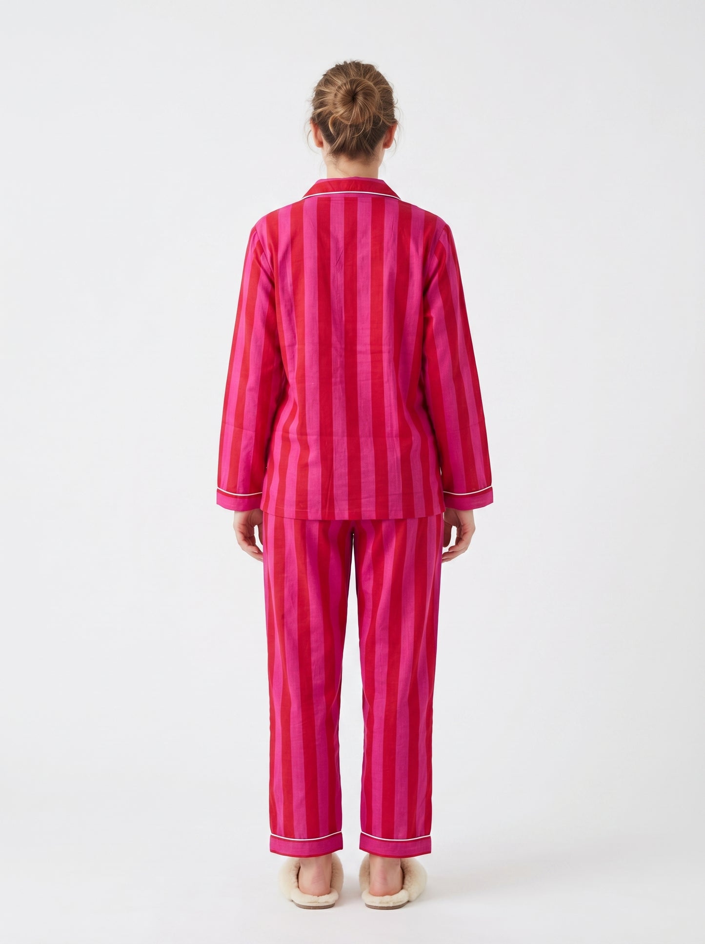 Women’s Pink Red Striped Cotton Night Suit Set – Elegant Two Piece Pajama Set