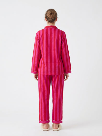 Women’s Pink Red Striped Cotton Night Suit Set – Elegant Two Piece Pajama Set