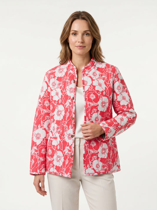Pink Floral – Long Cotton Quilted Reversible Jacket