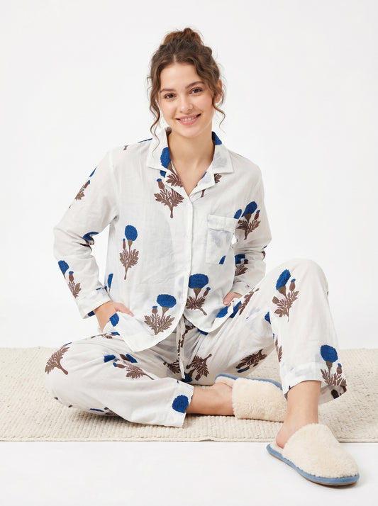 Women’s Blue Bloom Delight Print Cotton Night Suit Set - Elegant Two Piece Pajama Set