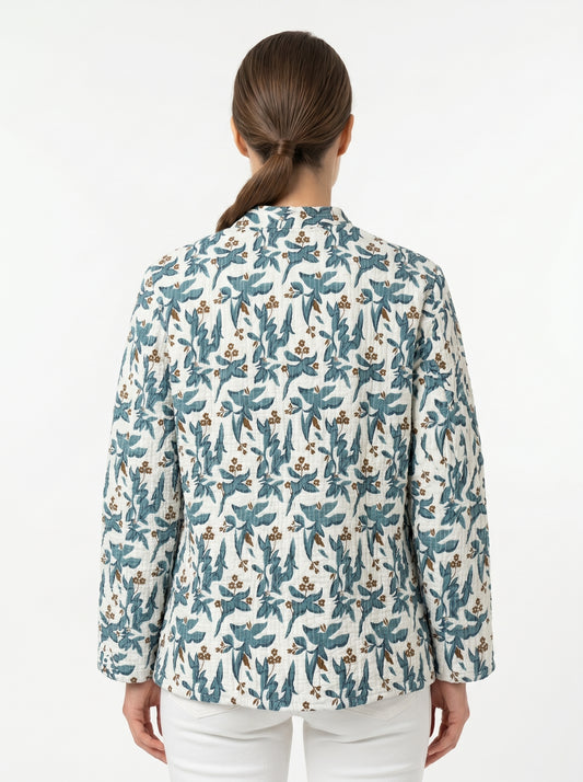 Blue Vine Petals – Long Blue Patchwork Cotton Quilted Reversible Jacket