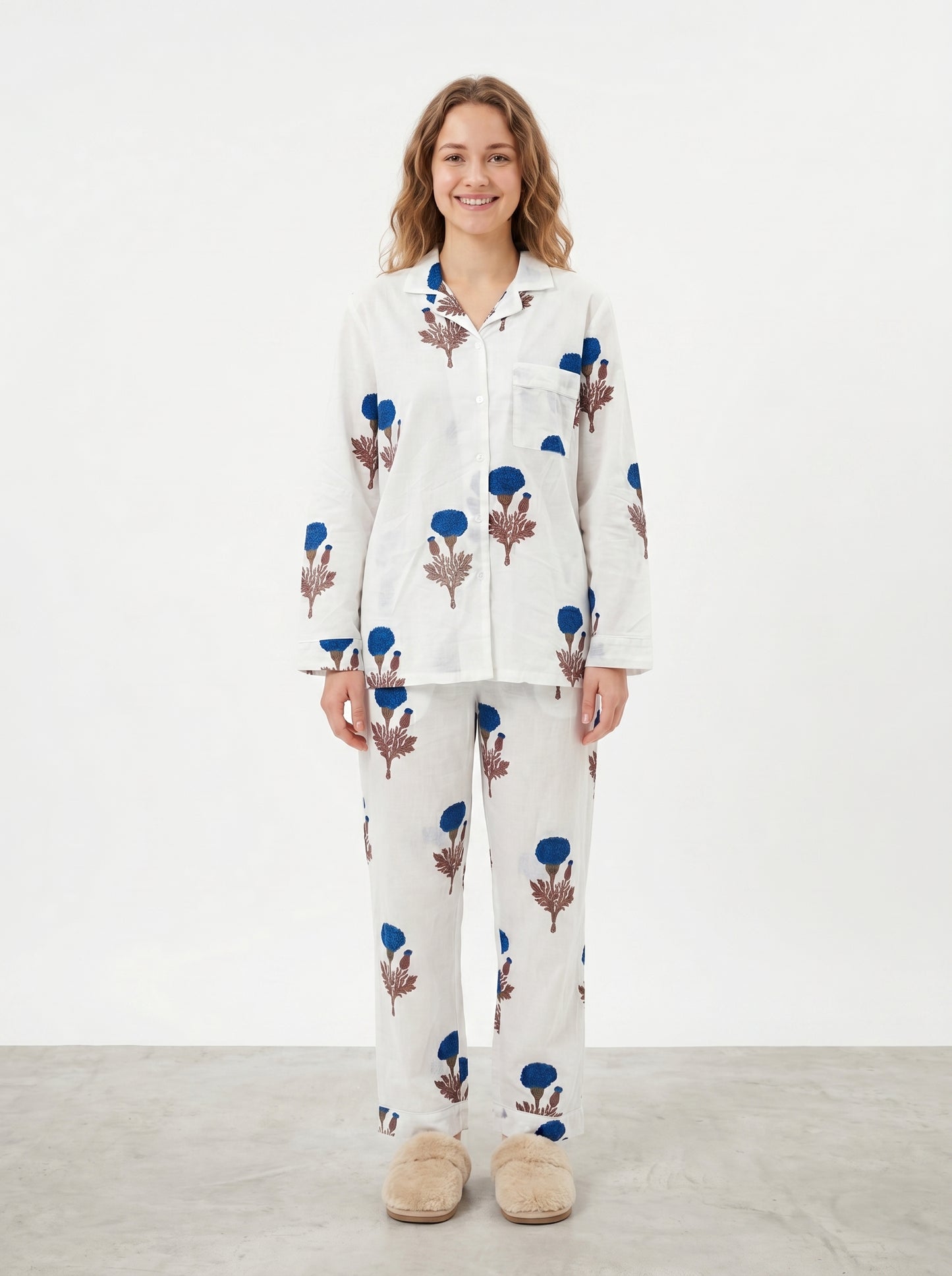 Women’s Blue Bloom Delight Print Cotton Night Suit Set - Elegant Two Piece Pajama Set