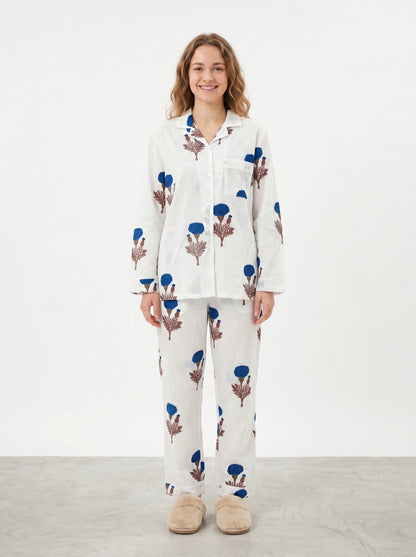 Women’s Blue Bloom Delight Print Cotton Night Suit Set - Elegant Two Piece Pajama Set