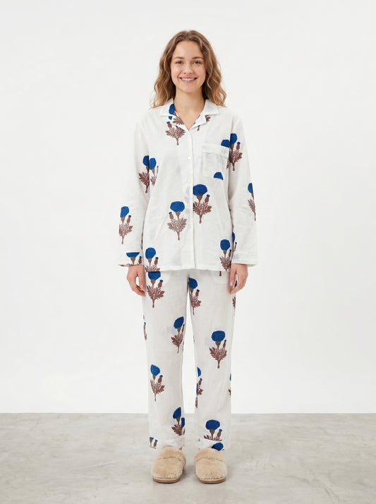 Women’s Blue Bloom Delight Print Cotton Night Suit Set - Elegant Two Piece Pajama Set