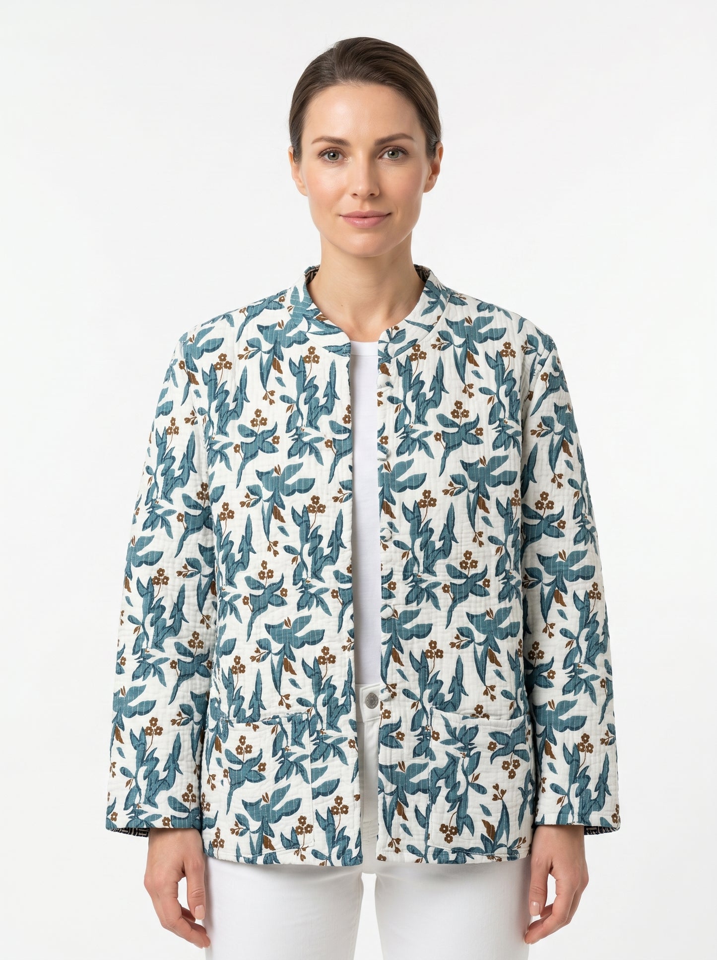 Blue Vine Petals – Long Blue Patchwork Cotton Quilted Reversible Jacket