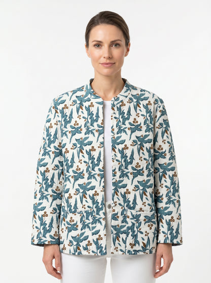 Blue Vine Petals – Long Blue Patchwork Cotton Quilted Reversible Jacket