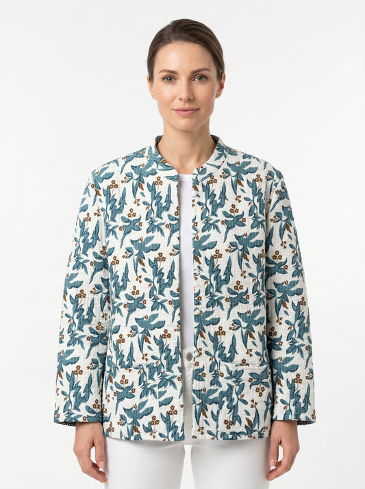Blue Vine Petals – Long Blue Patchwork Cotton Quilted Reversible Jacket