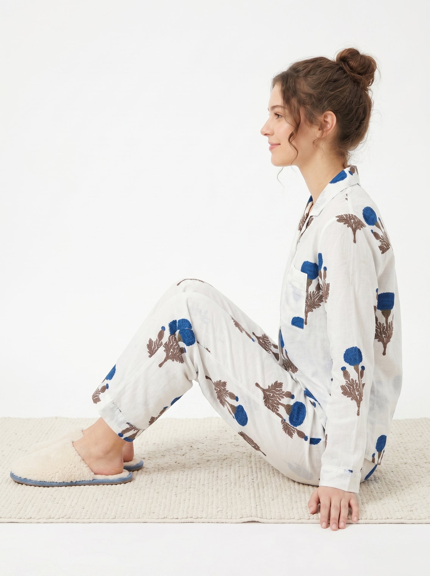 Women’s Blue Bloom Delight Print Cotton Night Suit Set - Elegant Two Piece Pajama Set