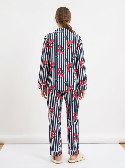 Women’s Black White Striped Cherry Print Cotton Night Suit Set– Cute Two Piece Pajama Set