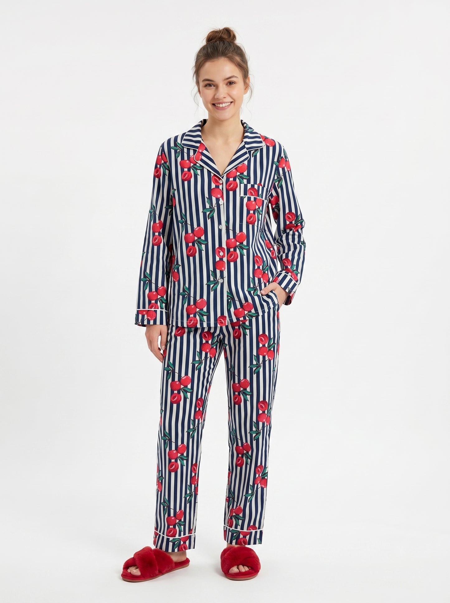Women’s Black White Striped Cherry Print Cotton Night Suit Set– Cute Two Piece Pajama Set