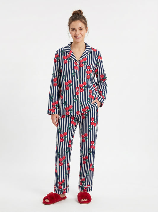 Women’s Black White Striped Cherry Print Cotton Night Suit Set– Cute Two Piece Pajama Set