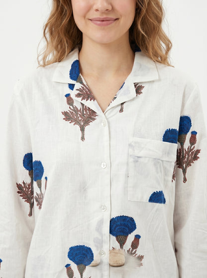 Women’s Blue Bloom Delight Print Cotton Night Suit Set - Elegant Two Piece Pajama Set