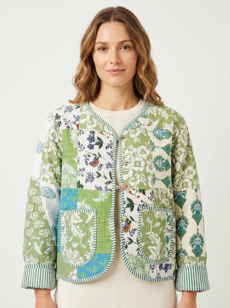Green Meadow Patchwork Cotton Quilted Reversible Jacket by House of Arya