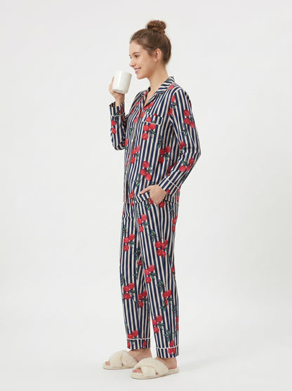 Women’s Black White Striped Cherry Print Cotton Night Suit Set– Cute Two Piece Pajama Set