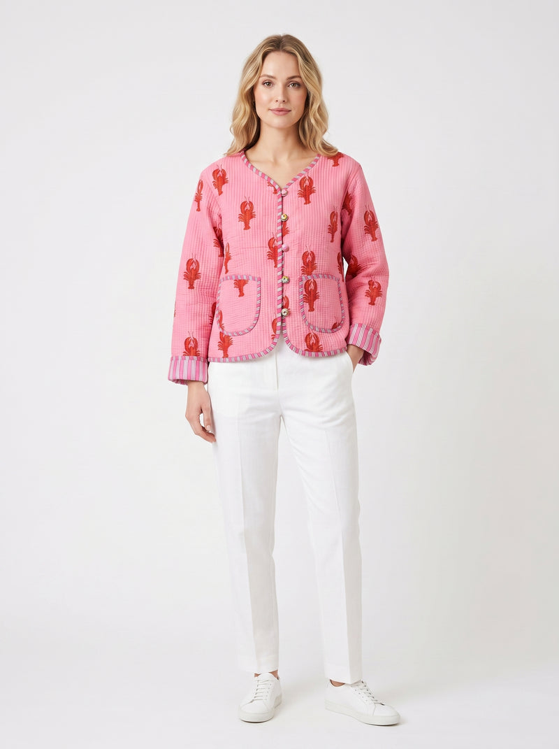 Lobster Pink Love Chic Pink Cotton Quilted Reversible Jacket by House of Arya