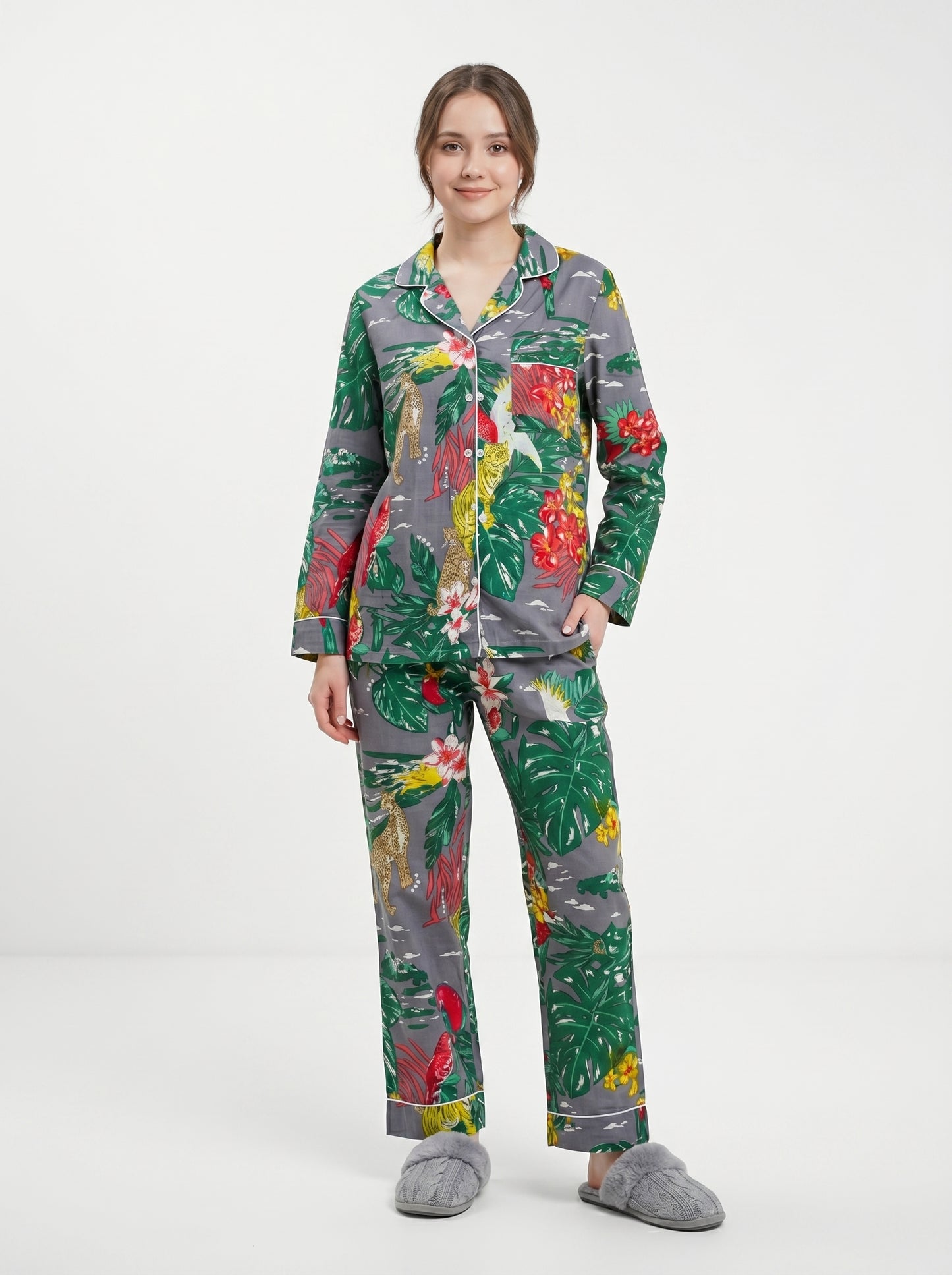 Women’s Grey Tropical Print Cotton Night Suit Set – Cute Two Piece Pajama Set