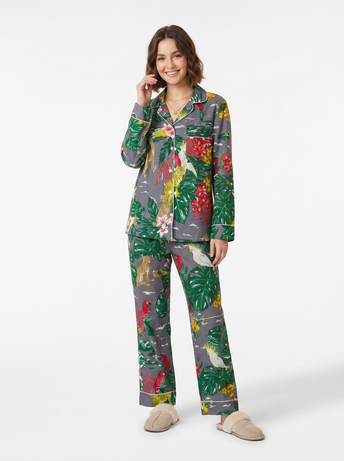Women’s Grey Tropical Print Cotton Night Suit Set – Cute Two Piece Pajama Set