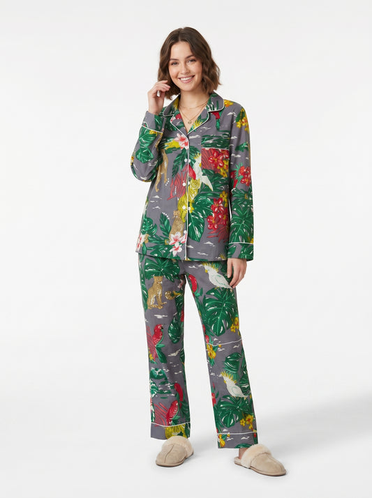 Women’s Grey Tropical Print Cotton Night Suit Set – Cute Two Piece Pajama Set