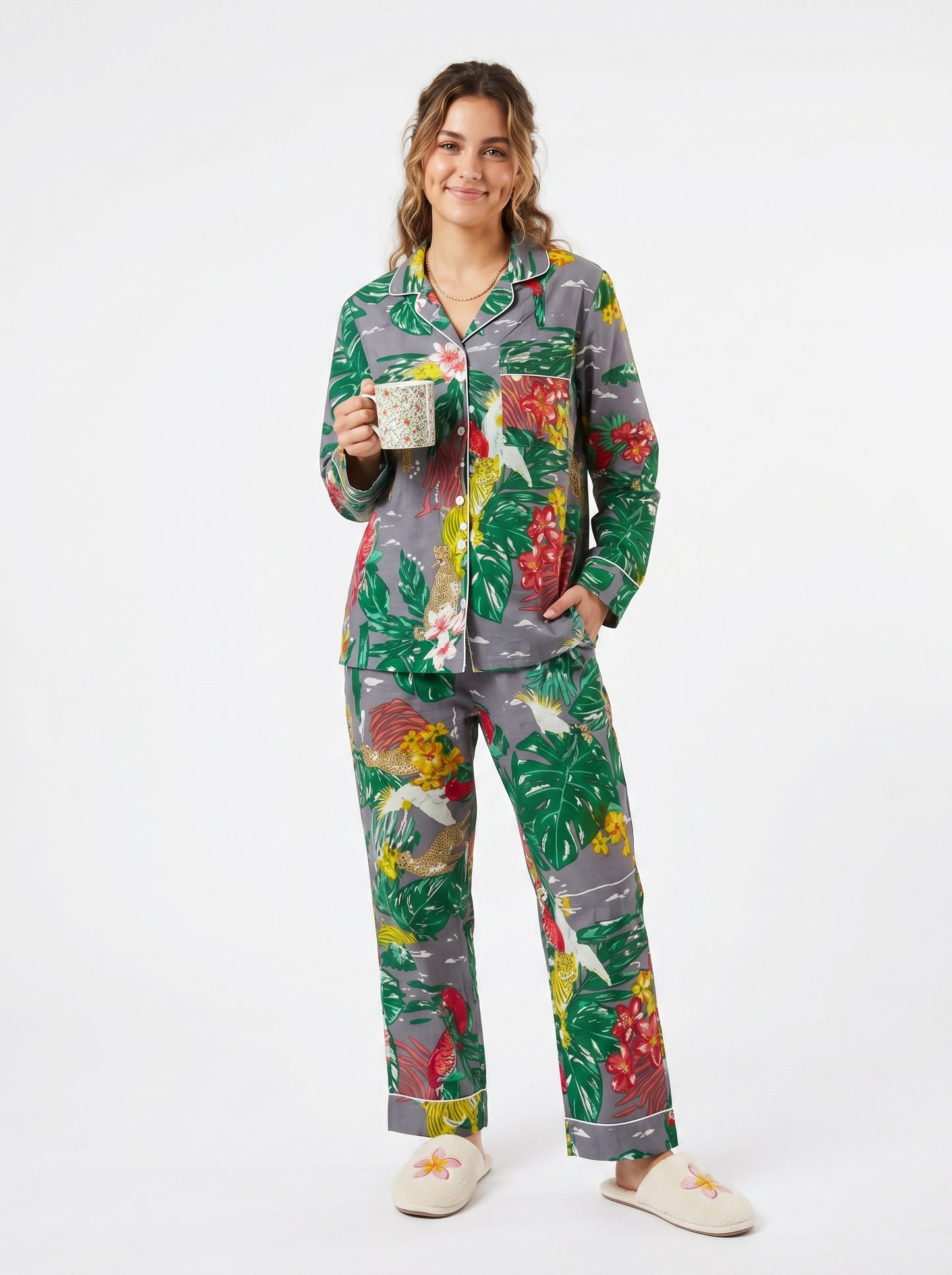 Women’s Grey Tropical Print Cotton Night Suit Set – Cute Two Piece Pajama Set