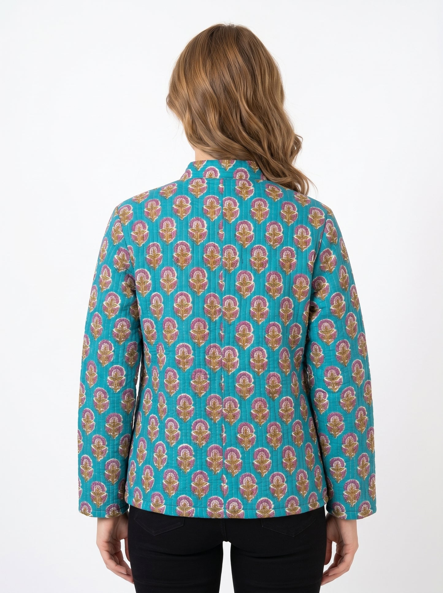 Blue Floral – Long Cotton Quilted Reversible Jacket