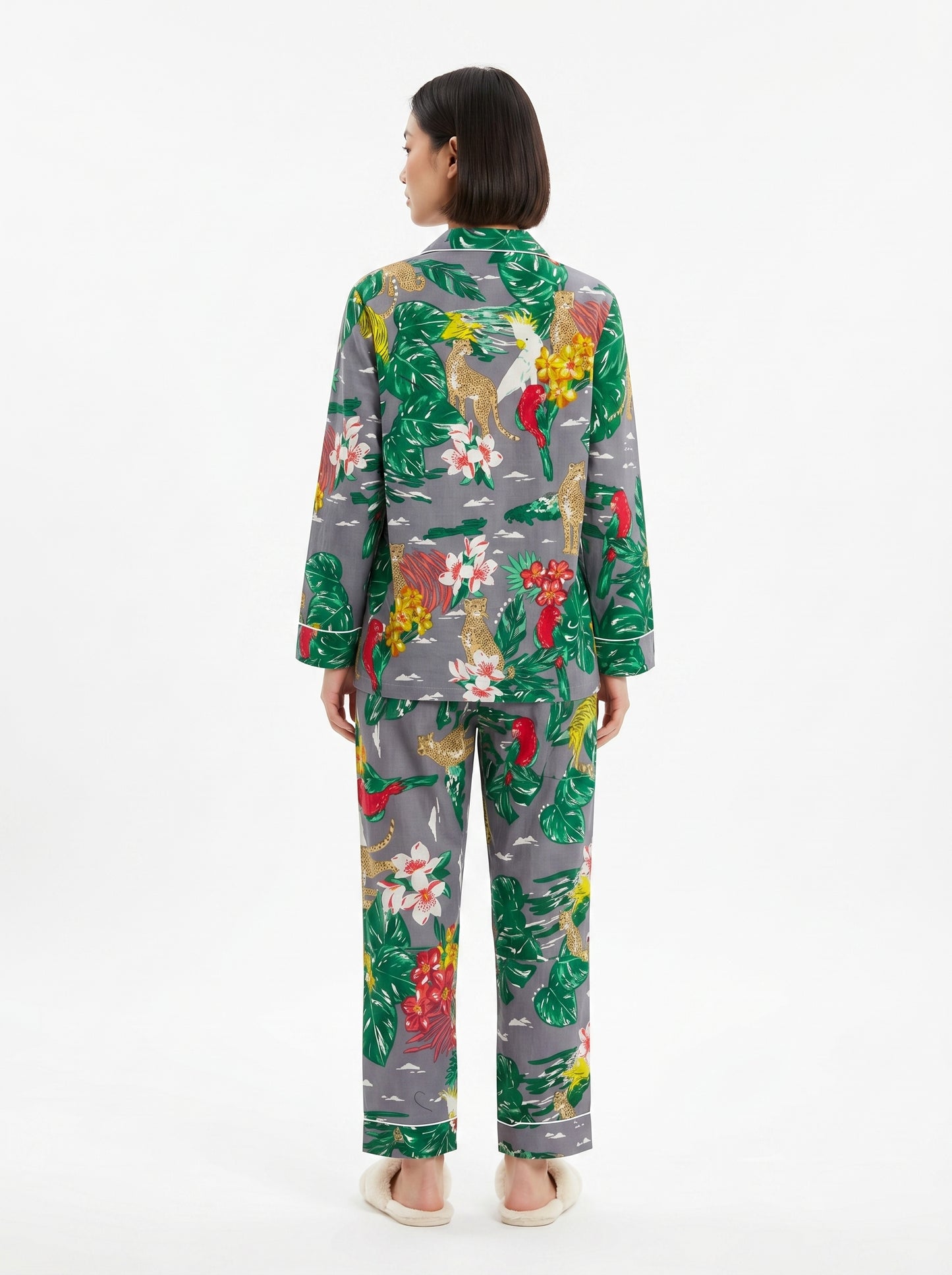 Women’s Grey Tropical Print Cotton Night Suit Set – Cute Two Piece Pajama Set