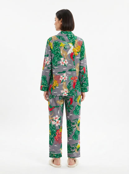 Women’s Grey Tropical Print Cotton Night Suit Set – Cute Two Piece Pajama Set