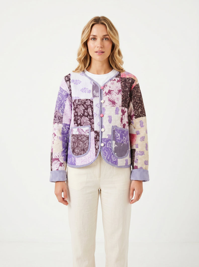 Lilac Purple Charm Lavender Patchwork Cotton Quilted Reversible Jacket by House of Arya