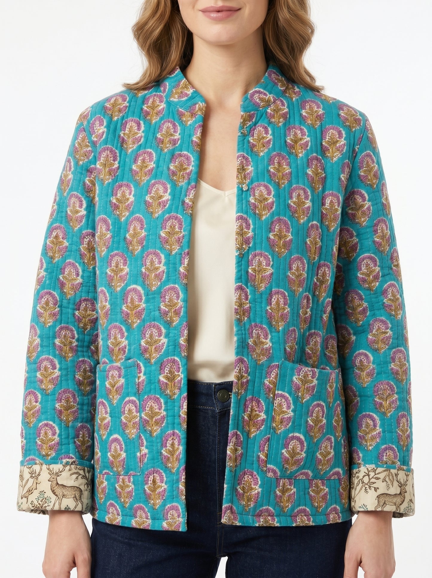 Blue Floral – Long Cotton Quilted Reversible Jacket
