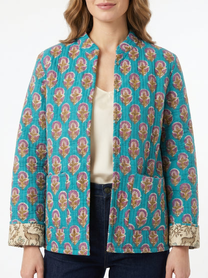 Blue Floral – Long Cotton Quilted Reversible Jacket