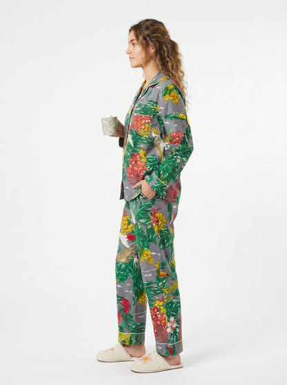 Women’s Grey Tropical Print Cotton Night Suit Set – Cute Two Piece Pajama Set