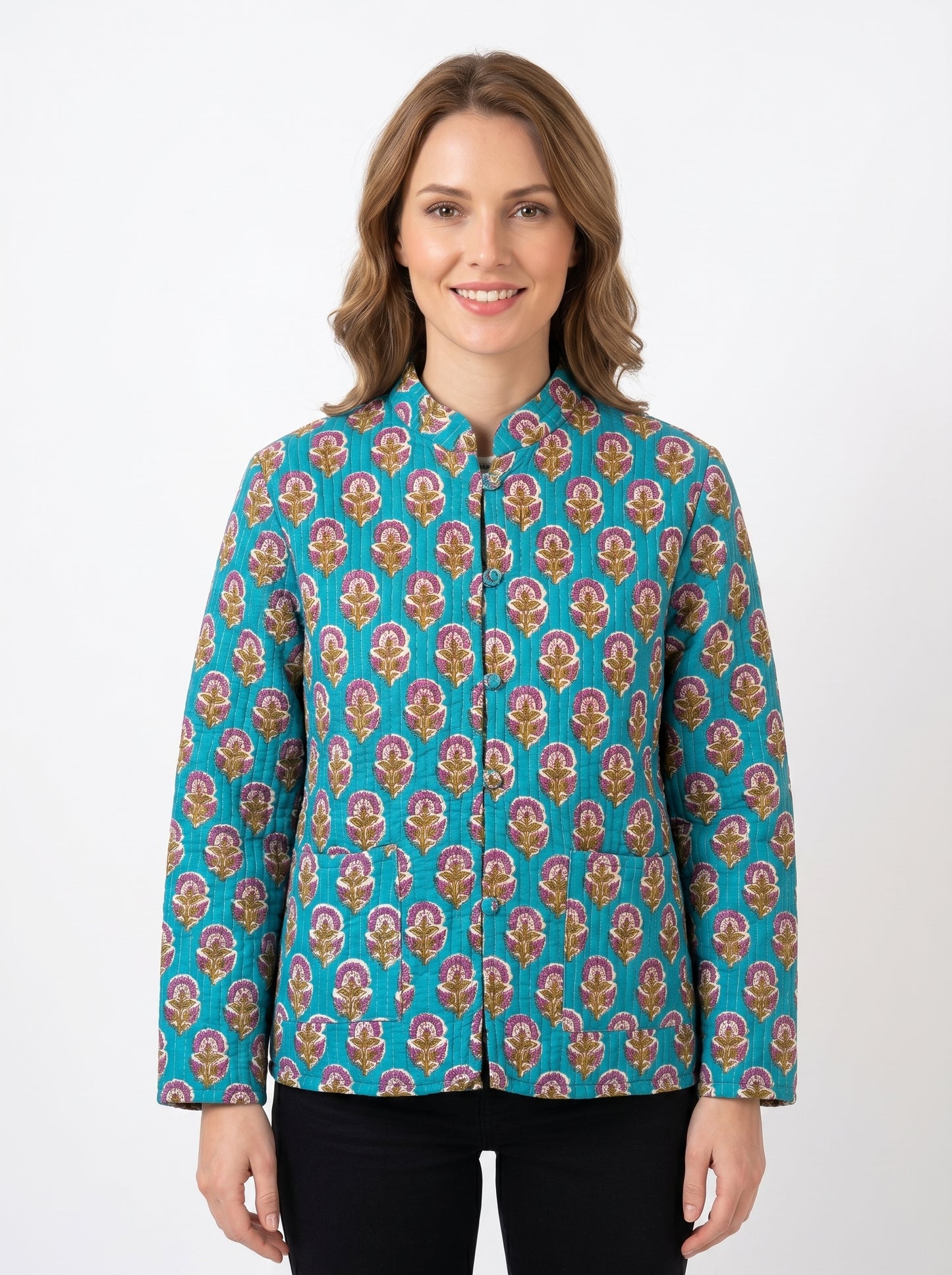 Blue Floral – Long Cotton Quilted Reversible Jacket