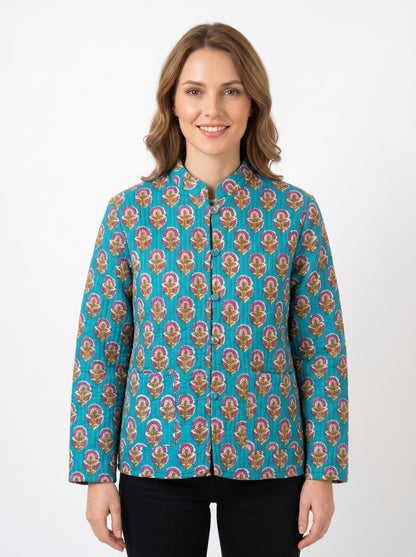 Blue Floral – Long Cotton Quilted Reversible Jacket