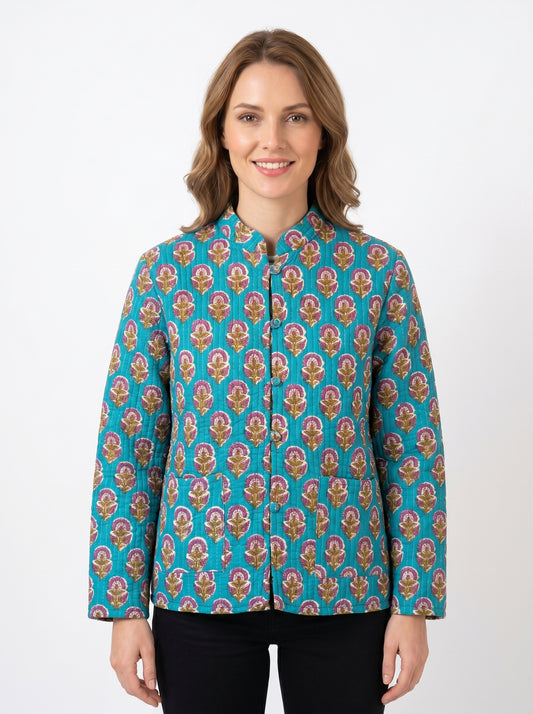 Blue Floral – Long Cotton Quilted Reversible Jacket