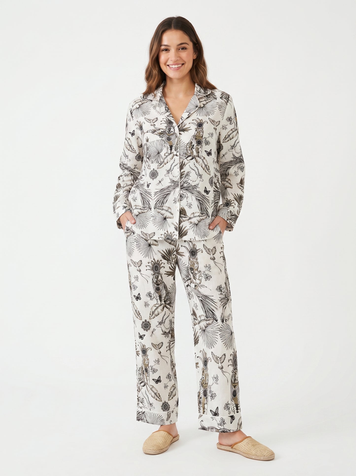 Women’s White Jungle with Brown Hue Cotton Night Suit Set – Elegant Two Piece Pajama Set