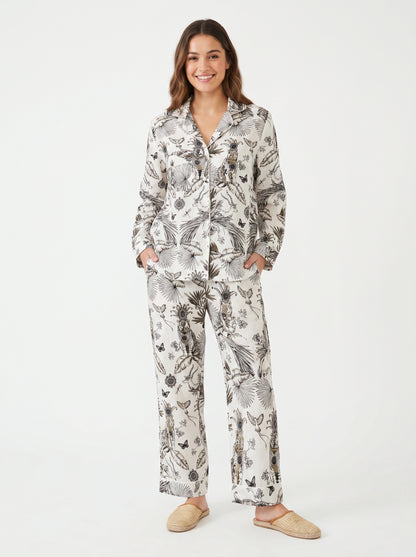 Women’s White Jungle with Brown Hue Cotton Night Suit Set – Elegant Two Piece Pajama Set