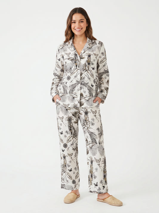Women’s White Jungle with Brown Hue Cotton Night Suit Set – Elegant Two Piece Pajama Set