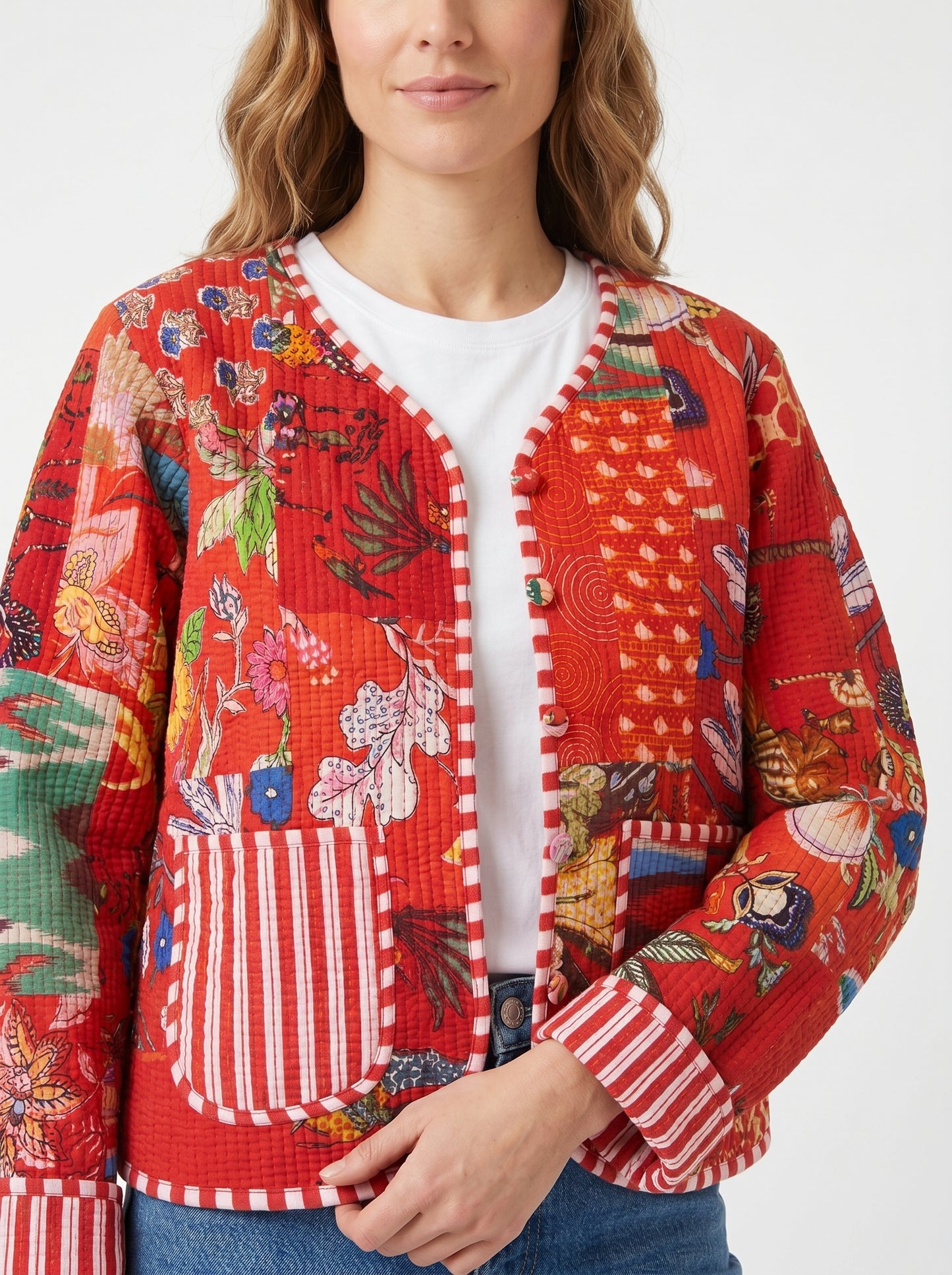 Vintage Red Scarlet – Red Patchwork Cotton Quilted Reversible Jacket
