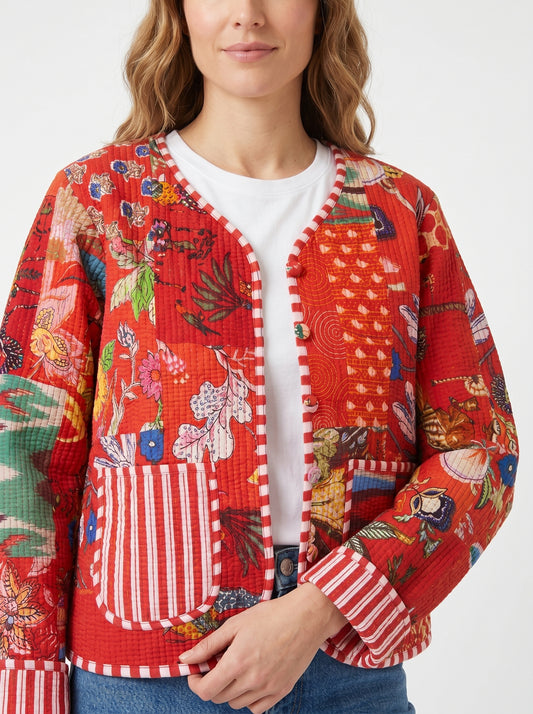 Vintage Red Scarlet – Red Patchwork Cotton Quilted Reversible Jacket