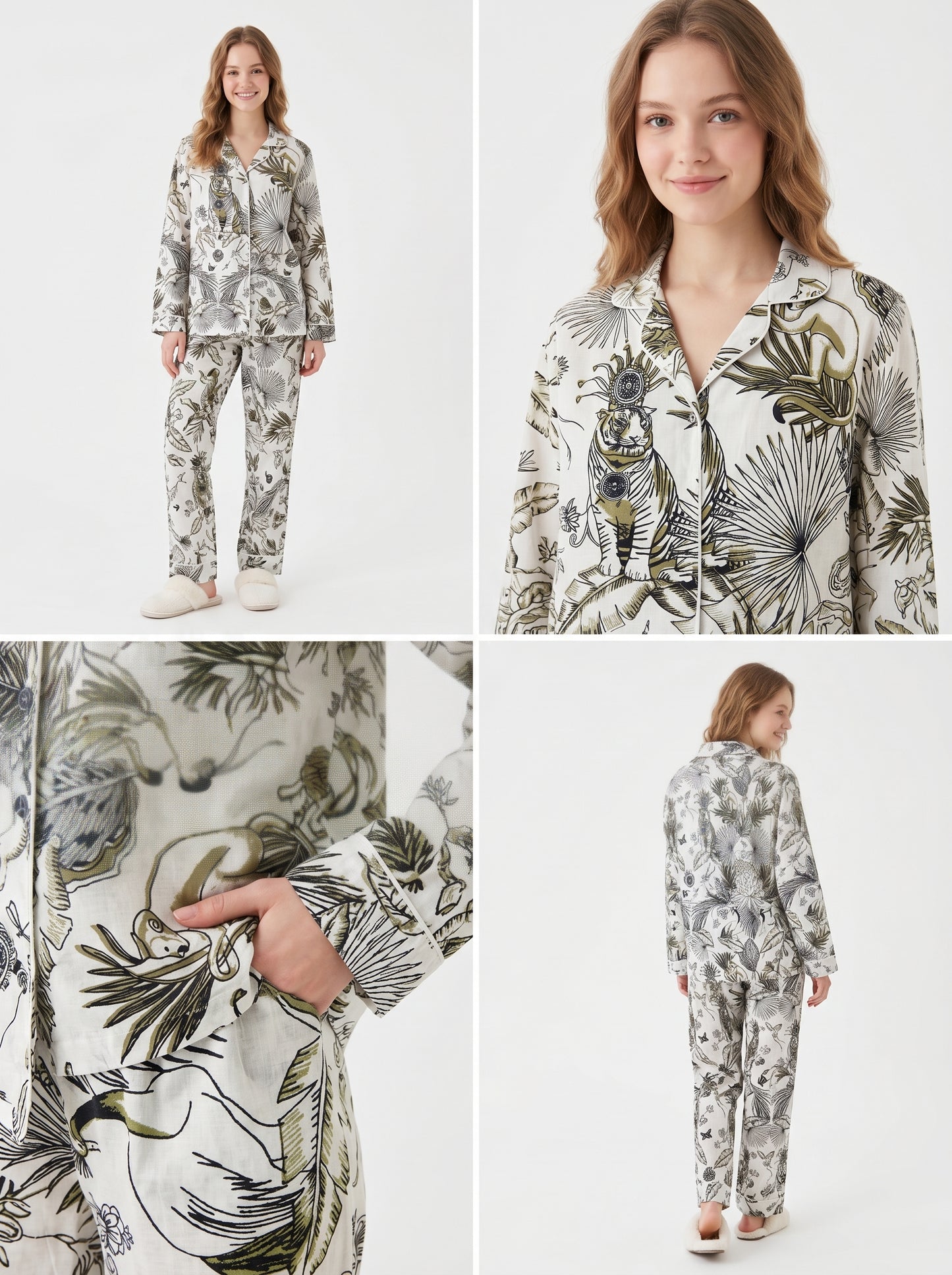 Women’s White Jungle with Brown Hue Cotton Night Suit Set – Elegant Two Piece Pajama Set