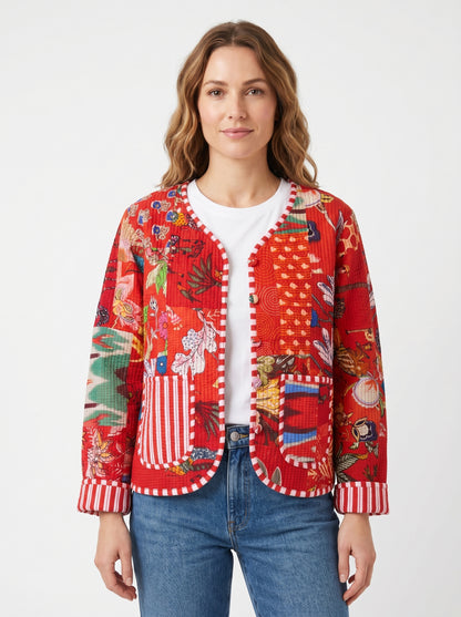 Vintage Red Scarlet – Red Patchwork Cotton Quilted Reversible Jacket