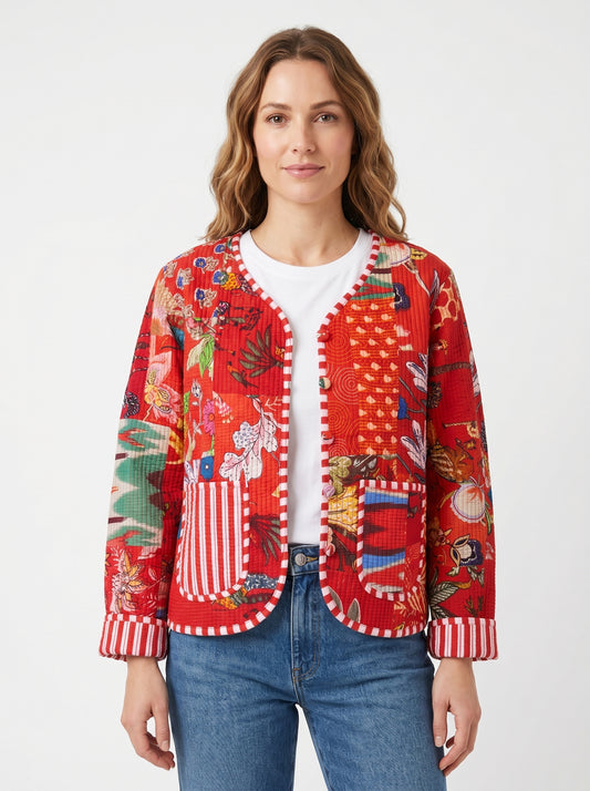 Vintage Red Scarlet – Red Patchwork Cotton Quilted Reversible Jacket
