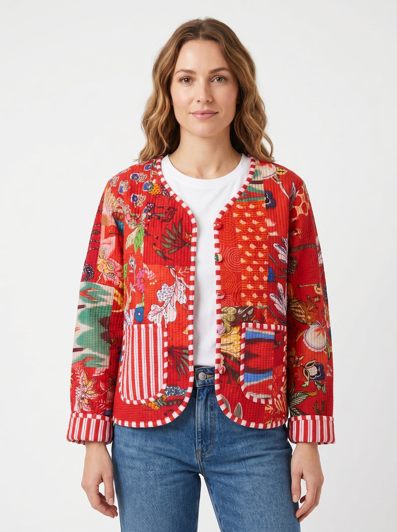 Vintage Red Scarlet Patchwork Cotton Quilted Reversible Jacket by House of Arya