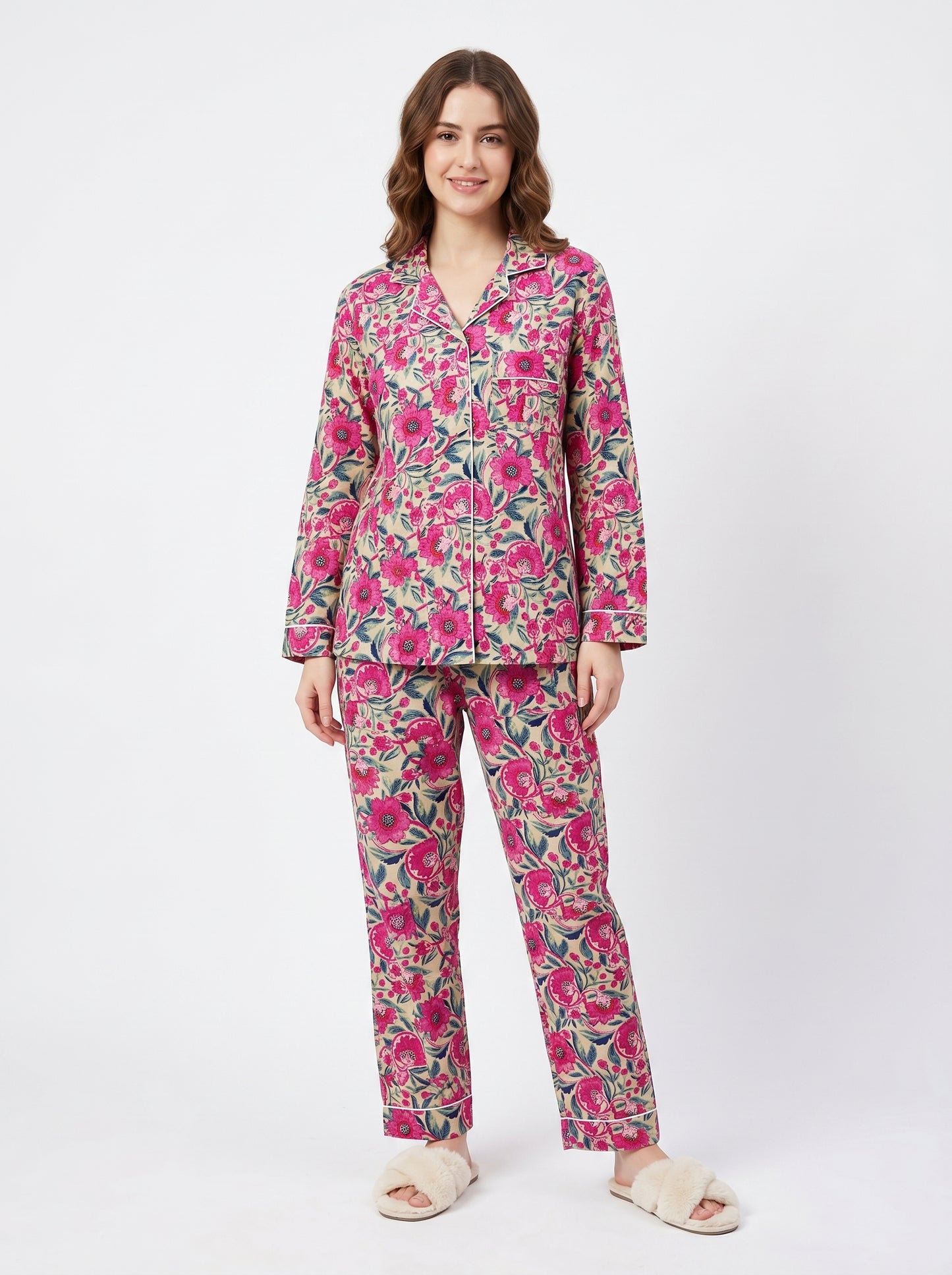 Women’s Beige Garden Bliss Print Cotton Night Suit Set - Elegant Two Piece Pajama Set