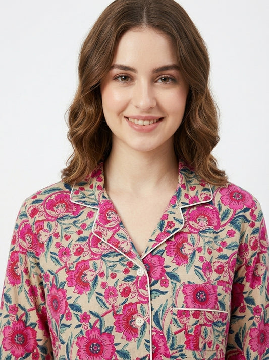 Women’s Beige Garden Bliss Print Cotton Night Suit Set - Elegant Two Piece Pajama Set